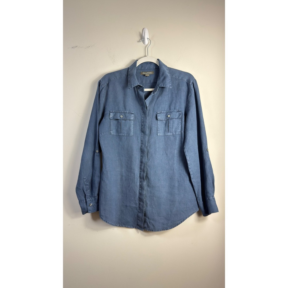 Tommy Bahama Blue 100% Linen Long Sleeve  Button Down Shirt  Womens Size S